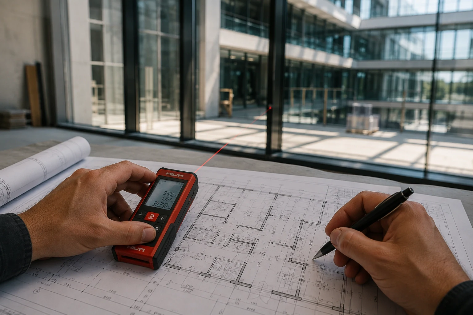 Property measurement specialist reviewing a floor plan with a laser measuring device