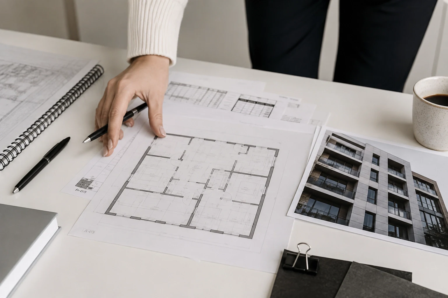 Specialist reviewing a measured floor plan