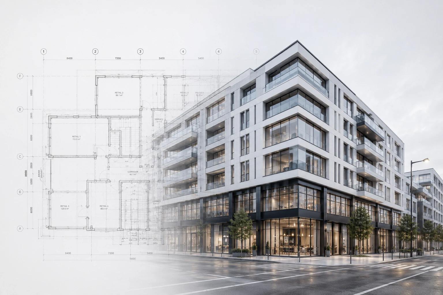 Commercial building combined with a measured architectural floor plan