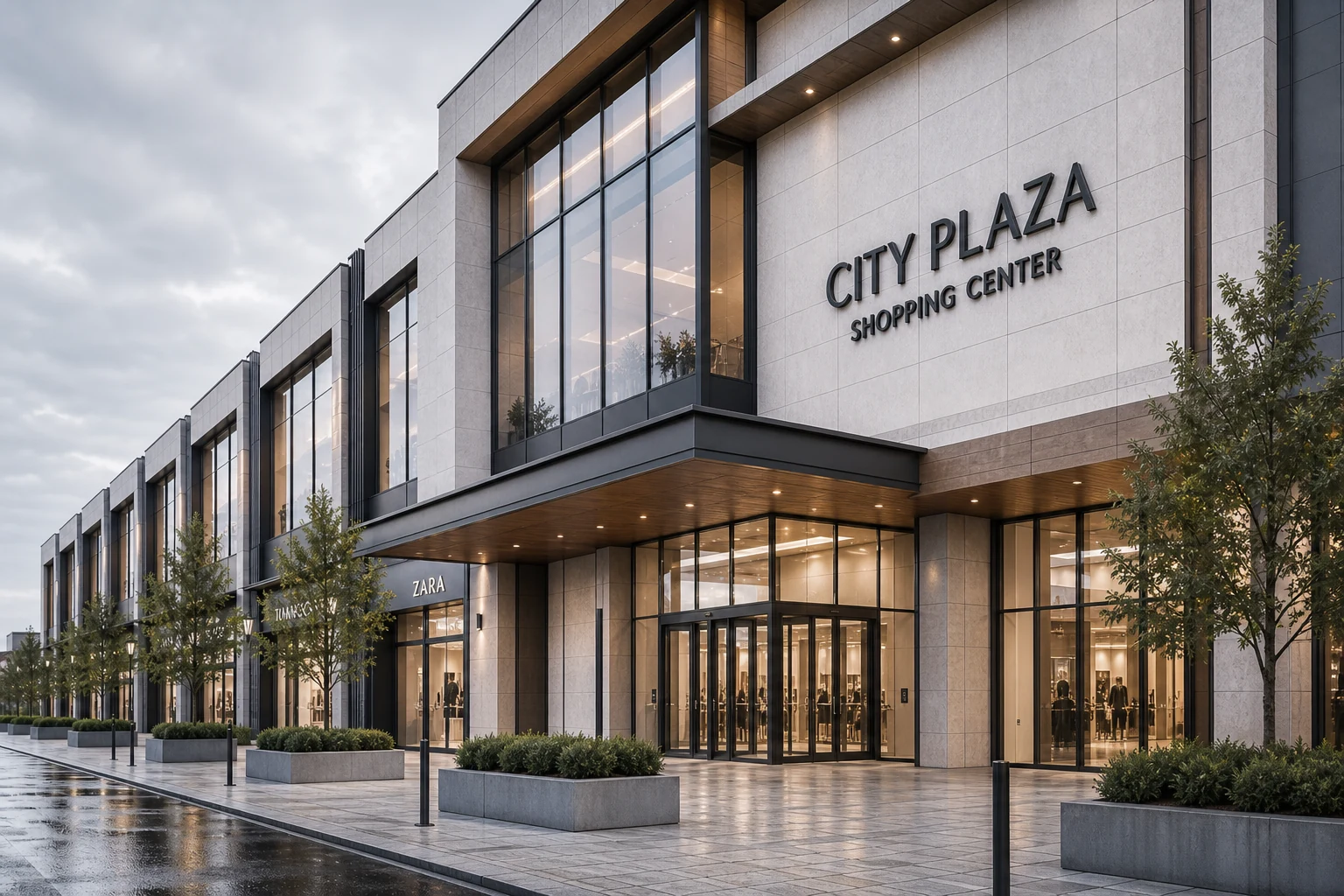 Street-level side view of the City Plaza retail property